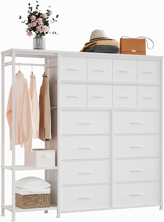 GarveeHome Dresser with 16 Drawers & Hanging Rod & Shelves, Fabric Storage Organizer for Bedroom, Closet, or Entryway