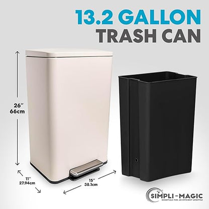 Simpli-Magic 50 Liter / 13.2 Gallon Soft-Close, Smudge Resistant Trash Can with Foot Pedal and Built in Filter- White Color