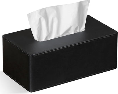 GOLRANLYE Tissue Box Cover Rectangular 9.8"(L) x 5.3"(W) x 4.3"(H) Refined Modern PU Leather Facial Tissue Dispenser Box Holder for Dresser Bathroom Decorative (Black)