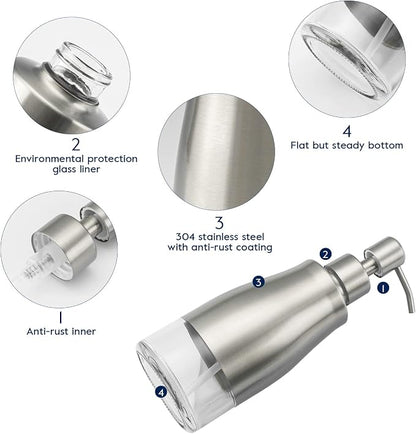 Gaussra 2 Pack Soap Dispenser with Coaster and Stickers, Stainless Steel Case Glass Liner Hand Pump Dispenser, Refillable Liquid Hand Soap Dispenser for Bathroom & Kitchen - Brushed Nickel