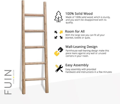 FUIN 57in Wood Blanket Ladder Living Room Decorative Wall Leaning Farmhouse Quilt Display Holder Rustic Wooden Towel Rack for Bathroom, Brown