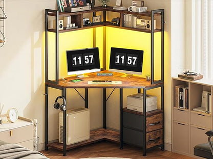 Corner Desk,35.4" W x 63" H Office Desk and Computer Desk with Hutch & LED Lights，Gaming Desk with Storage Drawers & Shelves and Hook for Small Space,Rustic Brown