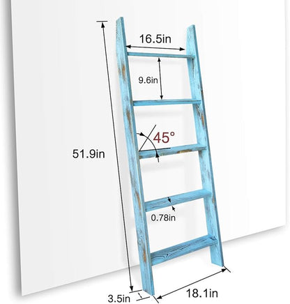 Honest Blanket Ladders for the Living Room, 5-Tier Blanket Holder, Wall-Leaning Blanket Rack, Ladder Shelves, Wooden Quilt Ladder, Farmhouse Decor, Blue