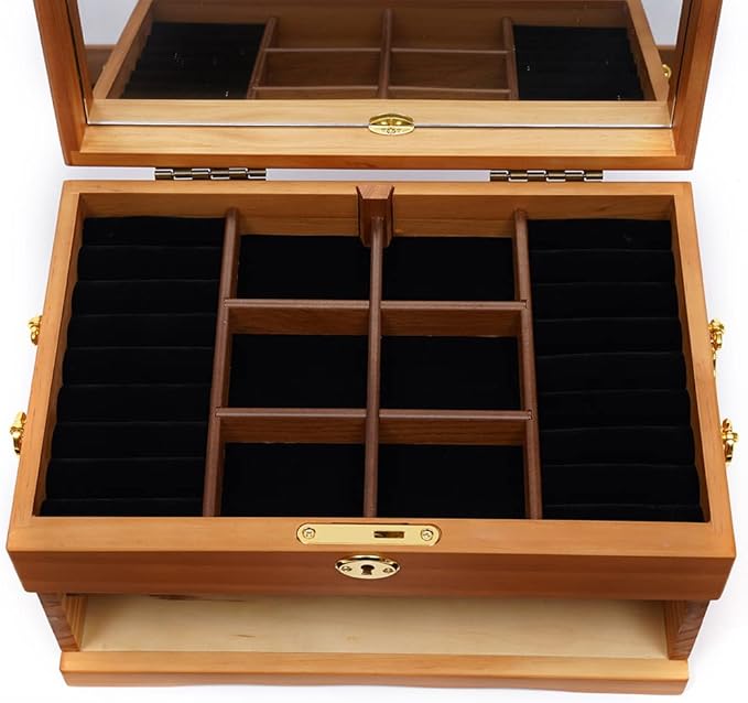 3-Layer Jewelry Box Organizer with Mirror and Lock, Wooden Jewelry Boxes Accessory Holder with 2 Drawers,Jewelry Storage & Organizers for Rings,Earrings,Bracelets, Necklaces,Christmas New Year Gift