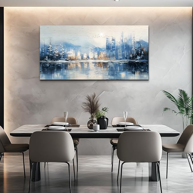 QIYILEXWART Large Wall Decor For Living Room Stretched And Framed Canvas Wall Art For Office Wall Decoration For Bedroom The Blue Lake Painting Abstract Watercolour Picture Home Decor Ready To Hang