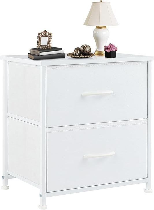 DUMOS Nightstand Small Dresser with 2 Fabric Drawers Side Tables Bedroom End Table Kids Bedside Storage Furniture for 20 inch Tall Night Stand for Closet, Entryway, College Dorm, White