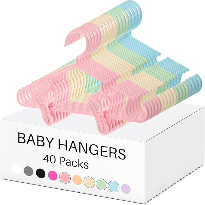 Hsei 5/10/40 Pack Baby Hangers with 10/20/80 Clips, Plastic Kids Pants Hangers for Nursery Closet Top and Bottom Clothes Hanger Set for Newborn Infant Toddler(120 Packs Total,Multicolor,10.6 Inch)