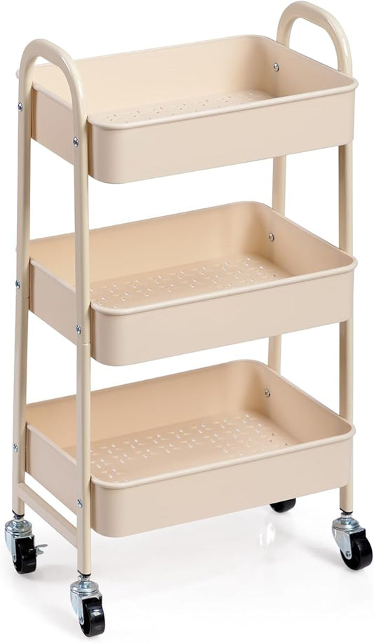 AGTEK 3-Tier Rolling Carts with Wheels, Rolling Utility Cart with Iron Frame for Kitchen, Plastic Shelves, Living Room, Office, Beige