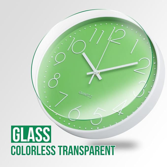 Wall Clock 12 Inch Non-Ticking Silent Modern Simple Style Round Decor Clock Green Stereoscopic Dial Quartz Wall Clocks for Home/Office/School/Living Room/Bedroom/Kitchen