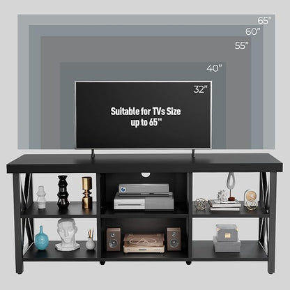 GreenForest TV Stand for TV up to 65 inches, Entertainment Center with 6 Storage Cabinet for Living Room, 55 inch Farmhouse Television Stands Console Table, Industrial TV stands for Living Room, Black