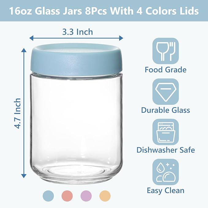 KEYWING 8-Pack 16oz Glass Overnight Oats Containers – Wide Mouth Mason Jars with Airtight Lids, Ideal for Chia Pudding, Oatmeal, Yogurt, Snacks & Meal Prep