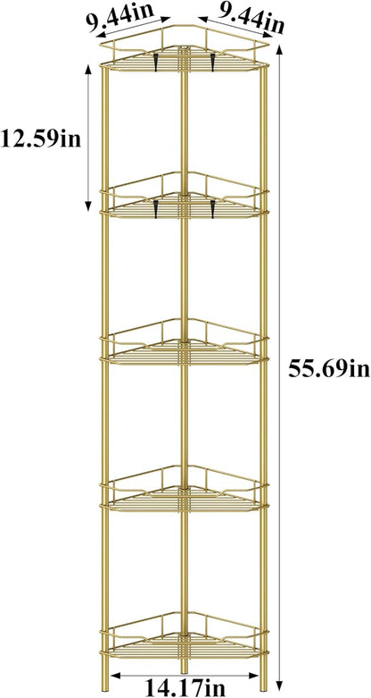 5 Tier Floor Standing Corner Shower Caddy Organizer Shelf with Hooks, Bathroom Shelves Stand Rack, Gold