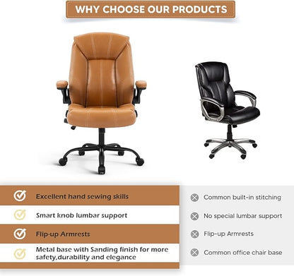 YAMASORO Executive Office Chair,Big and Tall Ergonomic Desk Chair with Adjustable Lumbar Support,Breathable PU Leather Computer Chair wih Flip-up Arms and Wheels, Camel