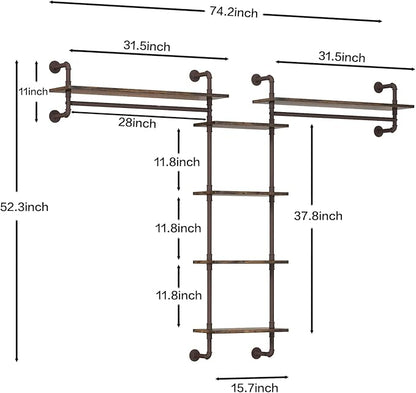 Helsin 5-Tiers 74inch Large Rustic Industrial Pipe Floating Shelving, Wall Mounted Heavy Duty Clothes Rack with Double Hanging Rods Display Storage Rack for Bedroom Organization & Home Décor