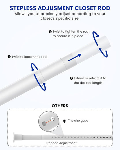 Supforce Closet Rods for Hanging Clothes, 17 to 39 Inches Stepless Adjustable Metal Closet Rod, 1.3 Inches Heavy Duty Clothes Hanging Rod for Closet Wardrobes Laundry RV, White