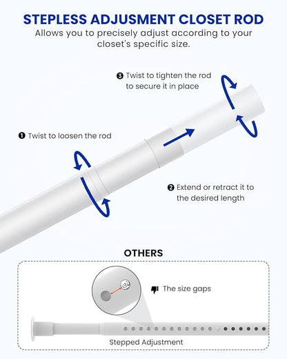 Supforce Closet Rods for Hanging Clothes, 17 to 84 Inches Stepless Adjustable Metal Closet Rod, 1.3 Inches Heavy Duty Clothes Hanging Rod for Closet Wardrobes Laundry RV, White