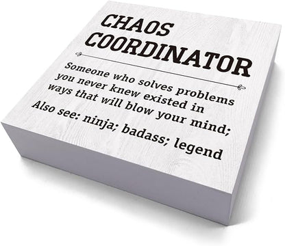 HTBIG Chaos Coordinator Thank You Gifts Office Decor Funny Motivational Desk Decor Gifts for Coworkers Boss Manager Appreciation Rustic Wooden Box Sign for Table Top Office Bookshelf White