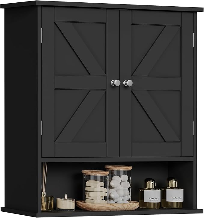 TEENFON Bathroom Wall Cabinet, Bathroom Cabinet with Barn Doors & Adjustable Shelf, Over The Toilet Storage Cabinet, Medicine Cabinet, Black UNGGX001HV1