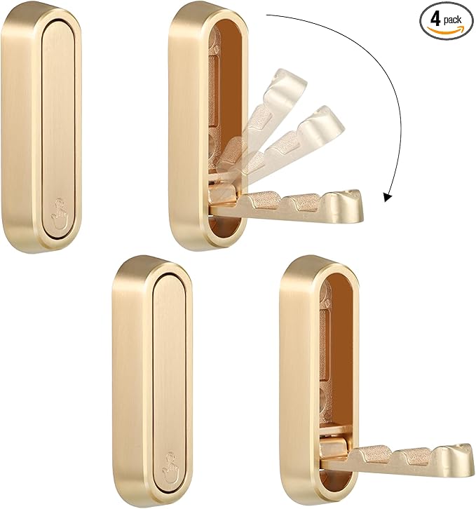 Dntorx Foldable Wall Hook, 40 lbs Heavy Duty Screw Mounted, Aluminum Alloy Flip-Down Gold Coat Hook, Space-Saving Folding Wall Hanger for Bathroom Bedroom Entryway Closet, Includes Screws (4 Pack)