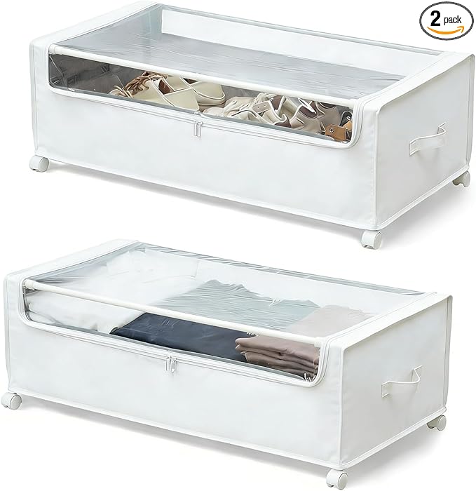 FOUCSSOMEI Under Bed Storage with Wheels, Rolling Under bed Storage with Metal Frame, Under Bed Shoe Storage for Space Saving, Zippered Clear Lid, Heavy-Duty Steel Base for Clothes, White