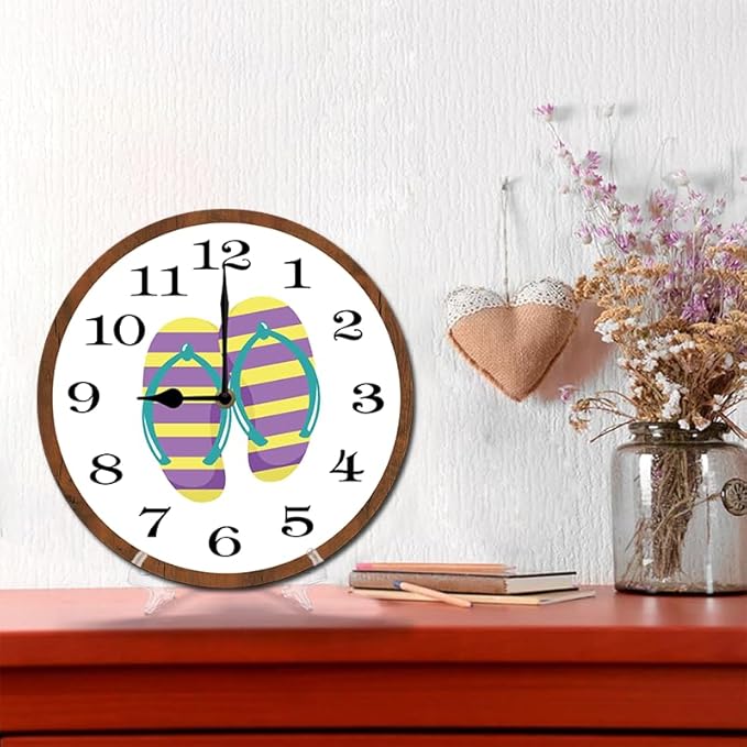 Flip Flops Wall Clock 10 Inch Silent Non Ticking Battery Operated Wooden Modern Office Simple Minimalist Clock Decorative for Kitchen Home Bathroom Living Room