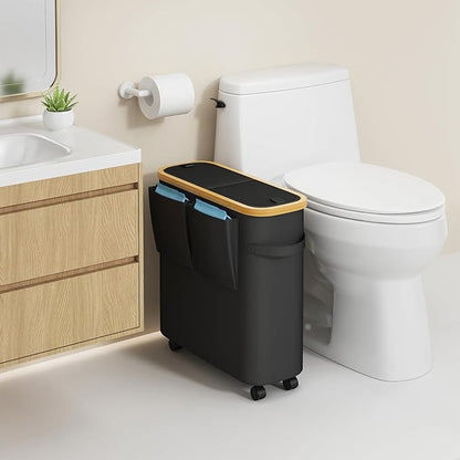 VITVITI Toilet Paper Storage Basket with Lid, Bathroom Toilet Paper Holder Organizer for 9-12 Rolls Large Capacity, Foldable Fabric Bamboo Toilet Paper Container with Pockets, Medium (Black)