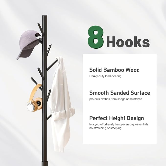 kiplant Black Coat Rack Stand, Bamboo Wood Freestanding Coat Tree with 8 Hooks, Hallway Entryway Hat Hanger Organizer Standing for Bedroom, Office, Clothes, Jackets, Bags, Umbrallas