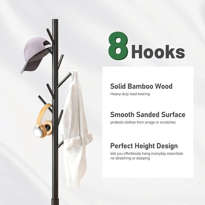 kiplant Black Coat Rack Stand, Bamboo Wood Freestanding Coat Tree with 8 Hooks, Hallway Entryway Hat Hanger Organizer Standing for Bedroom, Office, Clothes, Jackets, Bags, Umbrallas