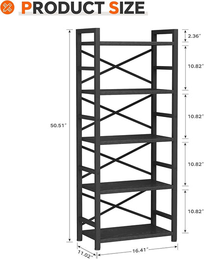 Homeiju Organization and Storage,Tall Bookcase with Shelves, Wood and Metal Book Shelf Storage Organizer, Industrial Display Standing Shelf Unit for Bedroom, Living Room, Black