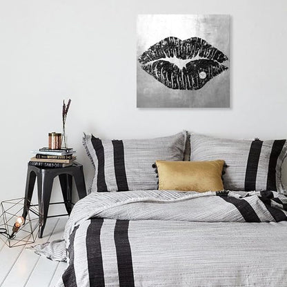 Lip Canvas Wall Art Black and Grey Wall Decor Sexy Lip Poster Framed Picture Gray Room Decor for Bedroom Bathroom Makeup Room 24x24Inch