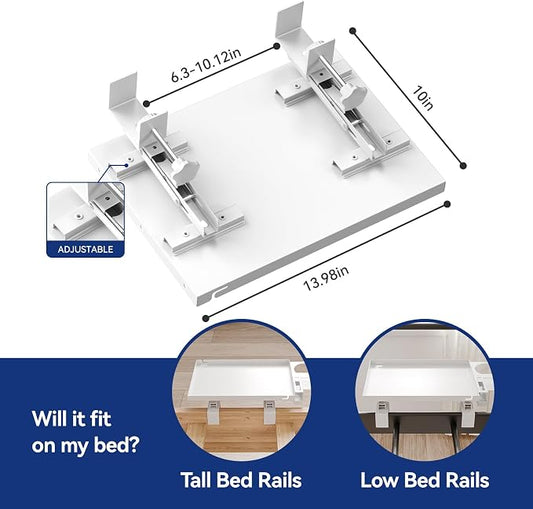 Metal Bedside Shelf Table Tray with Cup Holder, Foldable Bed Side Table for Bunk Bed & Top Bunk, College Dorm Room Essentials for Guys & Girls, Clip-on Laptop Nightstand for IKEA Beds, White