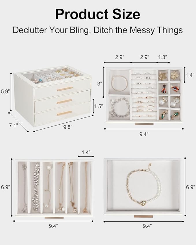 Jewelry Box for Women, Glass Lid Jewelry Organizer with 3 Drawers PU Jewelry Storage Case for Necklaces Rings Earrings Bracelets, White