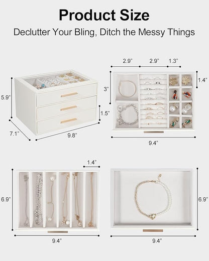 Jewelry Box for Women, Glass Lid Jewelry Organizer with 3 Drawers PU Jewelry Storage Case for Necklaces Rings Earrings Bracelets, White