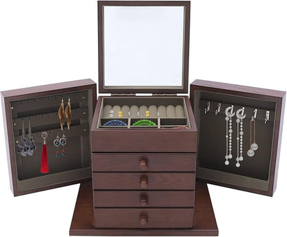 Wooden Jewelry Box for Women, 5-Layer Wooden Jewelry Organizer Boxes with 4 Drawers, Vintage Solild Wood Storage CaseJewelries, Watches, Necklace, Ring (Dark Brown)