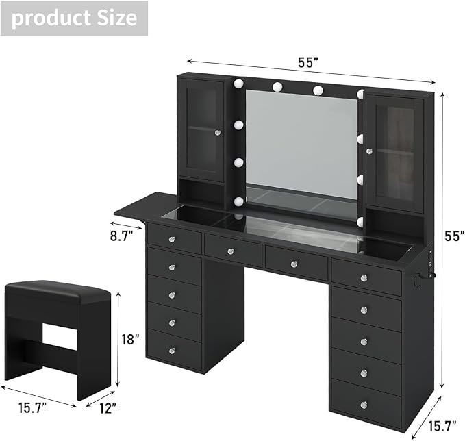 Vanity with Power Outlet, Vanity Desk with Mirror and 10 LED Lights, Makeup Vanity with 12 Drawers and 2 Cabinets, Fold-up Panel, Glass Top Dressing Table with Chair for Bedroom, Black