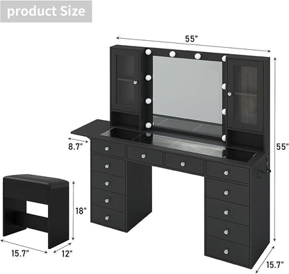 Vanity with Power Outlet, Vanity Desk with Mirror and 10 LED Lights, Makeup Vanity with 12 Drawers and 2 Cabinets, Fold-up Panel, Glass Top Dressing Table with Chair for Bedroom, Black
