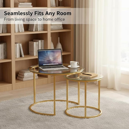 Round Nesting Coffee Table Set of 2, Modern Glass Nesting Tables, Stacking Minimalist End Table for Living Room Bedroom Small Space, Clear Tempered Glass and Gold