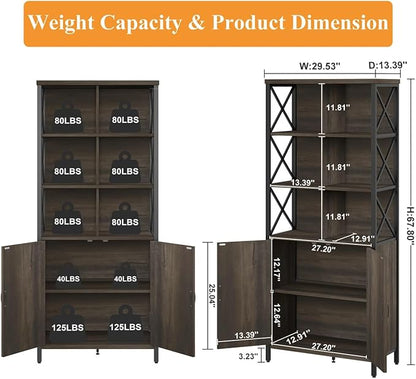 FATORRI Industrial Tall Bookshelf, Rustic Bookcase with Doors, 6 Cube Storage Organizer with Shelf for Living Room, Wood and Metal Book Shelf for Home Office (Walnut Brown)