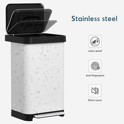 Arlopu 50L/13.2Gal Stainless Steel Trash Can W/15 Inner Bags & Rear Trash Bag Storage Compartment, Kitchen Step Trash Can with Lid & Built-in Deodorizer Box, Garbage Bin W/Foot Pedal (White)
