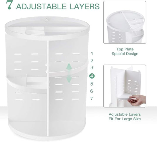 seinlife 360 Rotating Makeup Organizer,DIY Adjustable Spinning Holder,Foldable Cosmetic Storage Display box,Large Capacity Make up Caddy Shelf,Fits Countertop Vanity and Bathroom (WHITE)