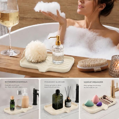 MicoYang Silicone Soap Dish with Drain Spout — Self-Draining Sink Organizer Tray for Bathroom & Kitchen, Sponges, Dispensers & Soap Holder, Non-Slip & Dishwasher Safe, Tapioca (Medium, 9.6"×5.3")