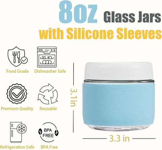 8 oz (6 Pack) Overnight Oats Containers with Airtight Lids and Silicone Sleeves - Perfect for Overnight Oats, Salad, Yogurt, Snacks, Pickles - Leakproof and Reusable Glass Food Storage Containers