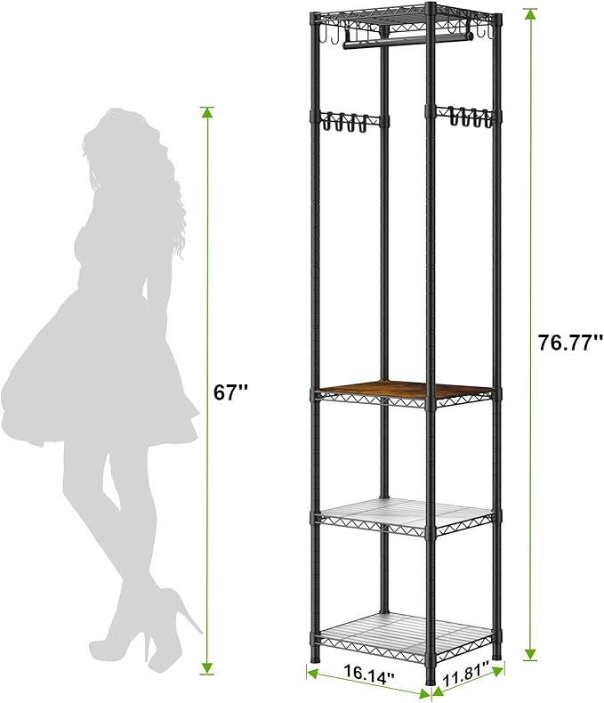R1 Clothes Rack Heavy Duty, Clothing Racks for Hanging Clothes, Garment Rack with Storage Shelves, Small Coat Rack Freestanding for Entryway, Hallway, Bedroom, Max Load 448 Lbs, Black