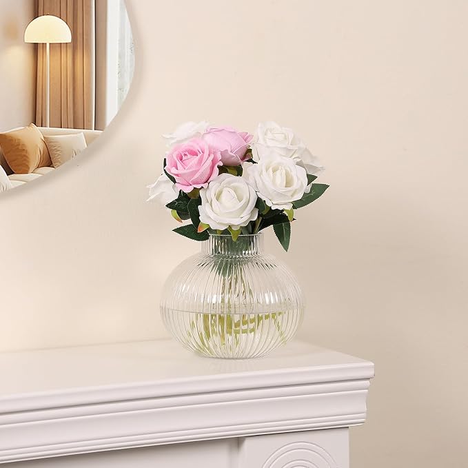Round Glass Vase, Flower Vases for Bouquet, Ribbed Glass Vases for Flowers, Small Clear Vase for Living Room, Office, Coffee Table, Shelf, Wedding, 6 Inches