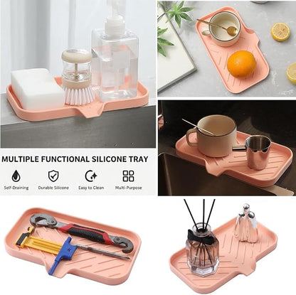 MicoYang Silicone Soap Dish with Drain Spout — Self-Draining Sink Organizer Tray for Bathroom & Kitchen, Sponges, Dispensers & Soap Holder, Non-Slip & Dishwasher Safe, Pink (Medium, 9.6"×5.3")
