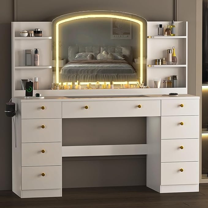 55" Vanity Desk with Mirror and Lights, Makeup Vanity with Power Outlet, White Vanity with 9 Drawers & 6 Storage Shelves for Bedroom