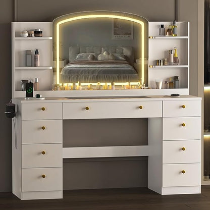 55" Vanity Desk with Mirror and Lights, Makeup Vanity with Power Outlet, White Vanity with 9 Drawers & 6 Storage Shelves for Bedroom
