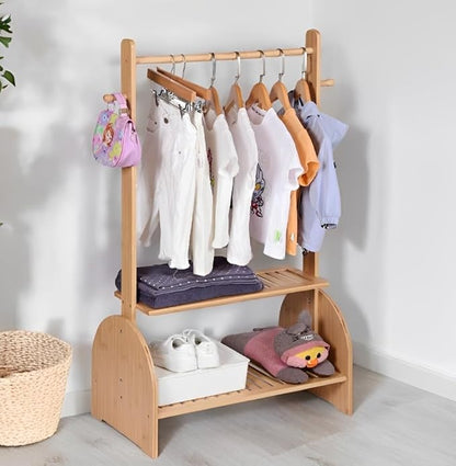 Kids Clothing Rack with Adjustable Rods, Children Clothes Garment Rack for Kids Baby Pet, Kids Dress Up Rack with 2 Bottom Shelves, Kids Wardrobe Closet for Toddlers Nursery (Natural)