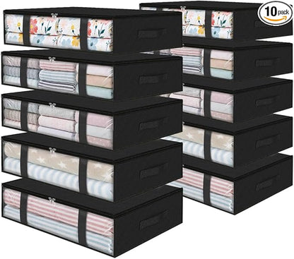 StorageRight Under Bed Storage Bags 10 Pack, 40L Large Clothes & Comforter Storage Containers with Clear Window, Breathable Fabric Organizer for Blankets, Bedding, Seasonal Clothing, Black
