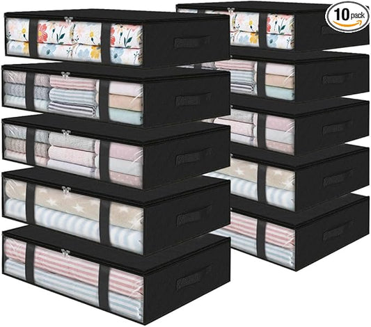 StorageRight Under Bed Storage Bags 10 Pack, 40L Large Clothes & Comforter Storage Containers with Clear Window, Breathable Fabric Organizer for Blankets, Bedding, Seasonal Clothing, Black